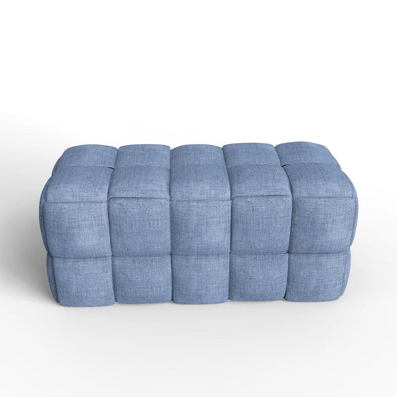 Banc rembourré bleu / gris / naturel — Tressage caisson, une place