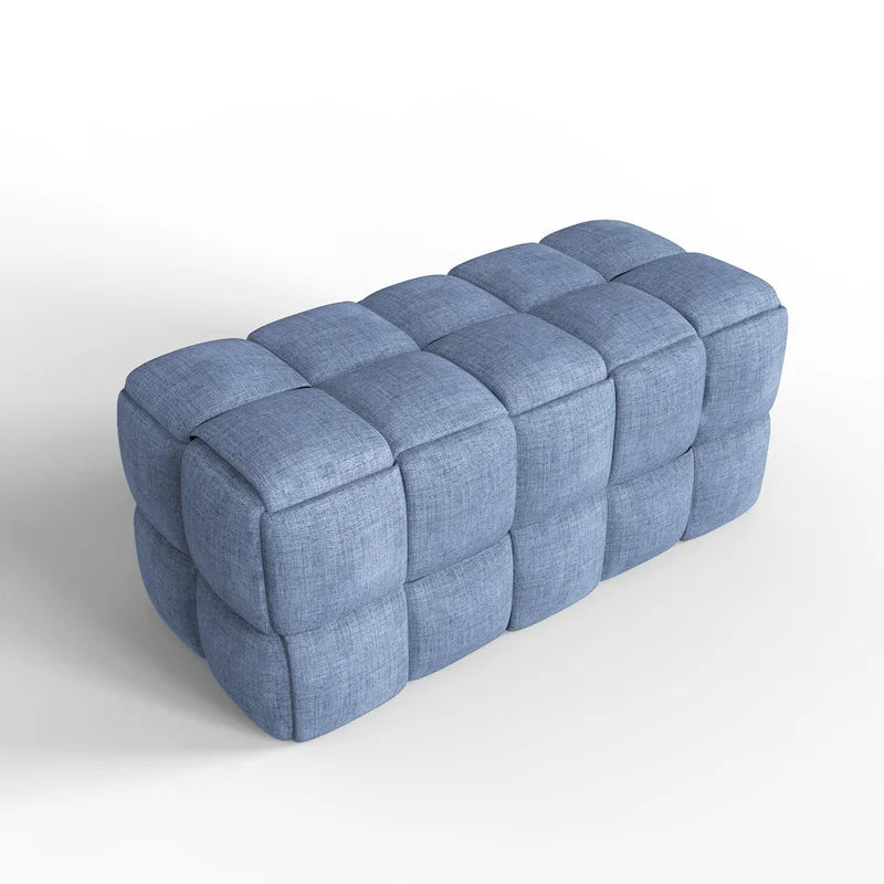 Banc rembourré bleu / gris / naturel — Tressage caisson, une place