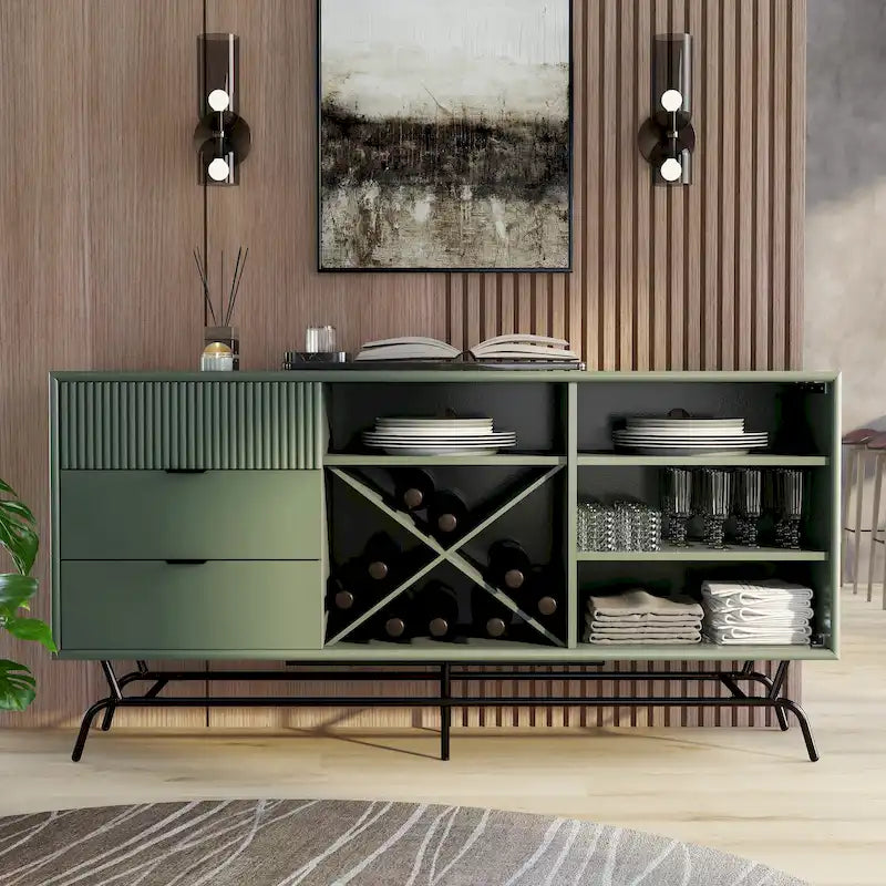 Buffet de 60 pouces avec rangement à vin – Taupe clair ou Vert sauge et noir