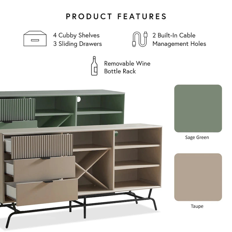 Buffet de 60 pouces avec rangement à vin – Taupe clair ou Vert sauge et noir