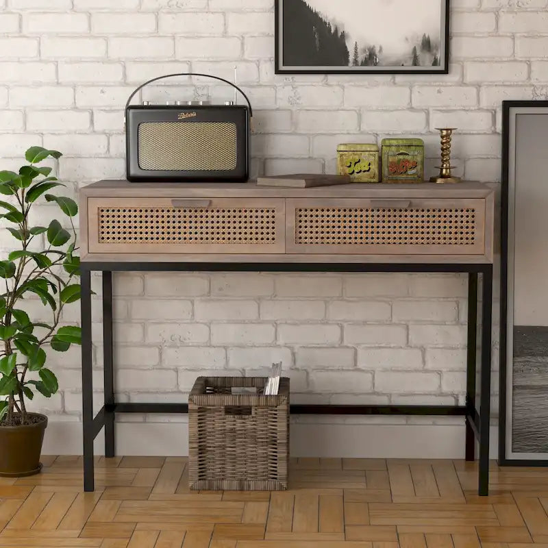 Console de ferme tissée, devant naturel/gris, 2 tiroirs
