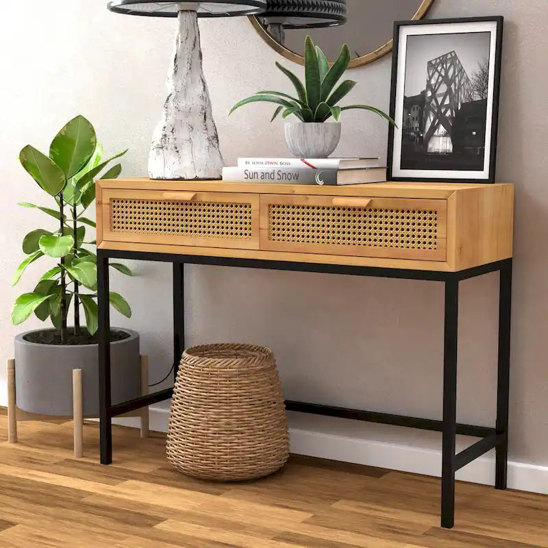 Console de ferme tissée, devant naturel/gris, 2 tiroirs