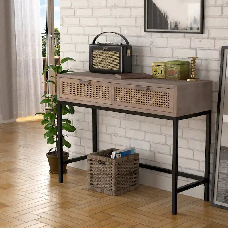 Console de ferme tissée, devant naturel/gris, 2 tiroirs