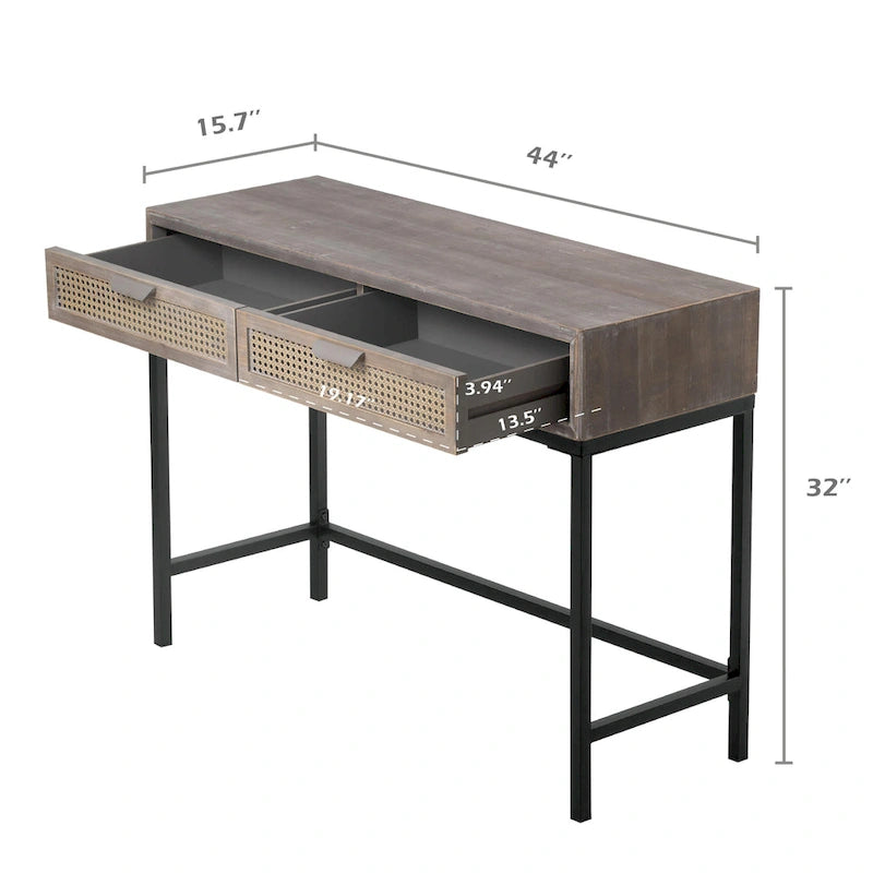Console de ferme tissée, devant naturel/gris, 2 tiroirs