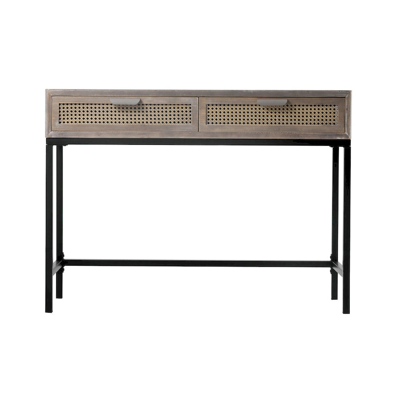 Console de ferme tissée, devant naturel/gris, 2 tiroirs
