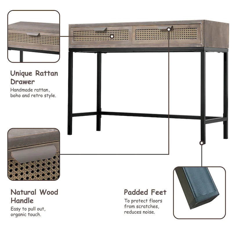 Console de ferme tissée, devant naturel/gris, 2 tiroirs