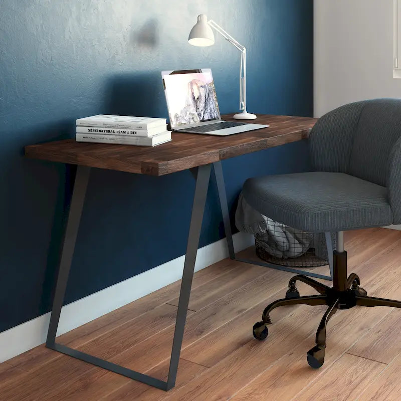 Bureau double en acacia massif, plateau plat, brun charbon / brun naturel, style industriel
