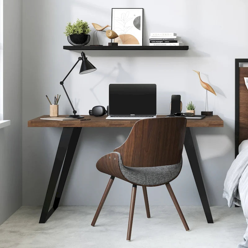 Bureau double en acacia massif, plateau plat, brun charbon / brun naturel, style industriel