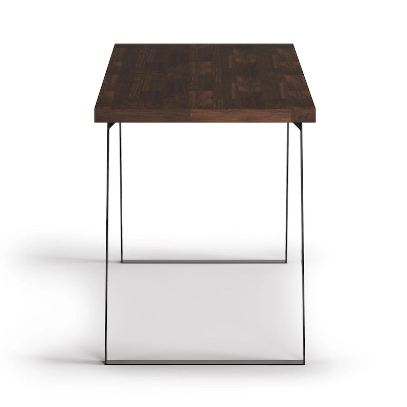 Bureau double en acacia massif, plateau plat, brun charbon / brun naturel, style industriel