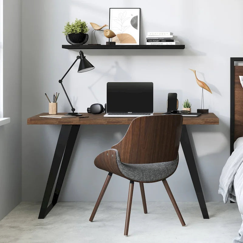 Bureau double en acacia massif, plateau plat, brun charbon / brun naturel, style industriel