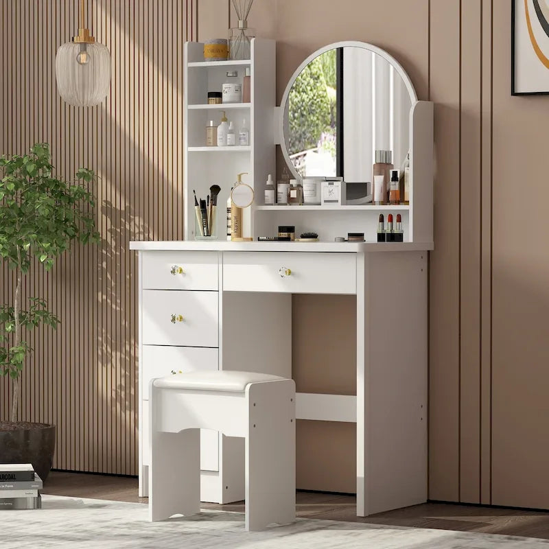Coiffeuse Blanche/Noire avec Miroir Rond, Tiroirs et Étagères – 1 Personne