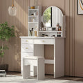 Coiffeuse Blanche/Noire avec Miroir Rond, Tiroirs et Étagères – 1 Personne