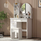 Coiffeuse Blanche/Noire avec Miroir Rond, Tiroirs et Étagères – 1 Personne
