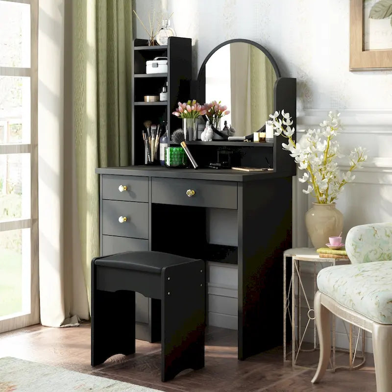 Coiffeuse Blanche/Noire avec Miroir Rond, Tiroirs et Étagères – 1 Personne