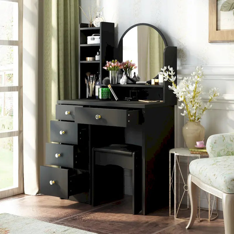 Coiffeuse Blanche/Noire avec Miroir Rond, Tiroirs et Étagères – 1 Personne