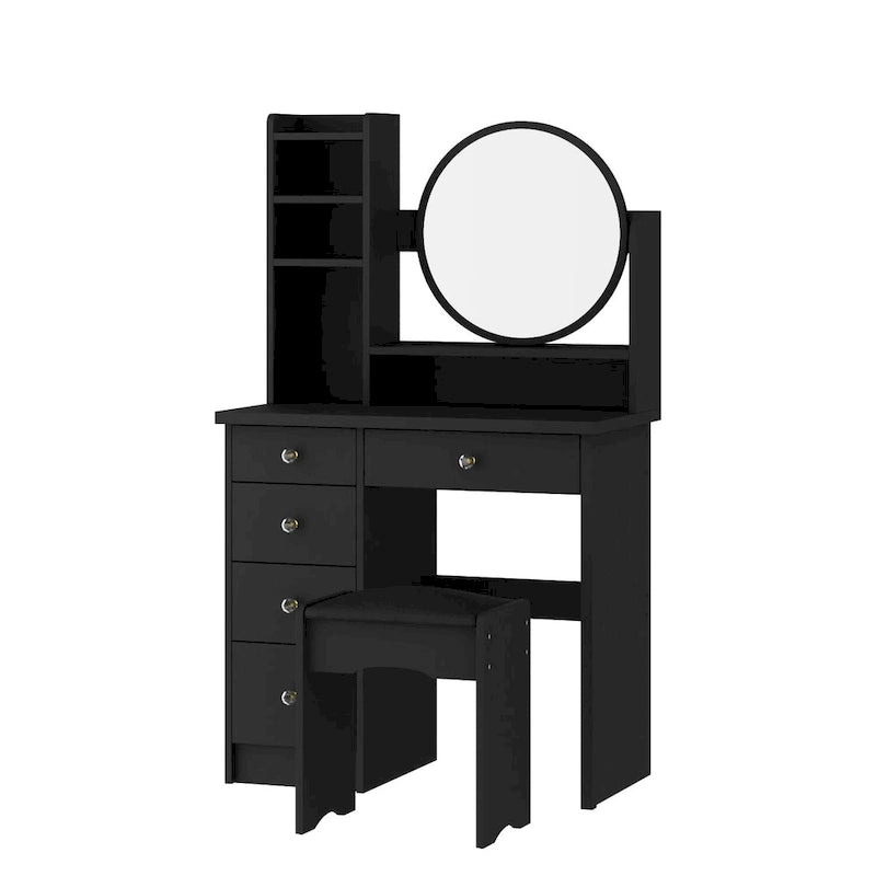 Coiffeuse Blanche/Noire avec Miroir Rond, Tiroirs et Étagères – 1 Personne