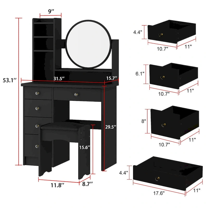 Coiffeuse Blanche/Noire avec Miroir Rond, Tiroirs et Étagères – 1 Personne