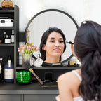 Coiffeuse Blanche/Noire avec Miroir Rond, Tiroirs et Étagères – 1 Personne