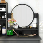 Coiffeuse Blanche/Noire avec Miroir Rond, Tiroirs et Étagères – 1 Personne