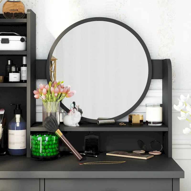 Coiffeuse Blanche/Noire avec Miroir Rond, Tiroirs et Étagères – 1 Personne