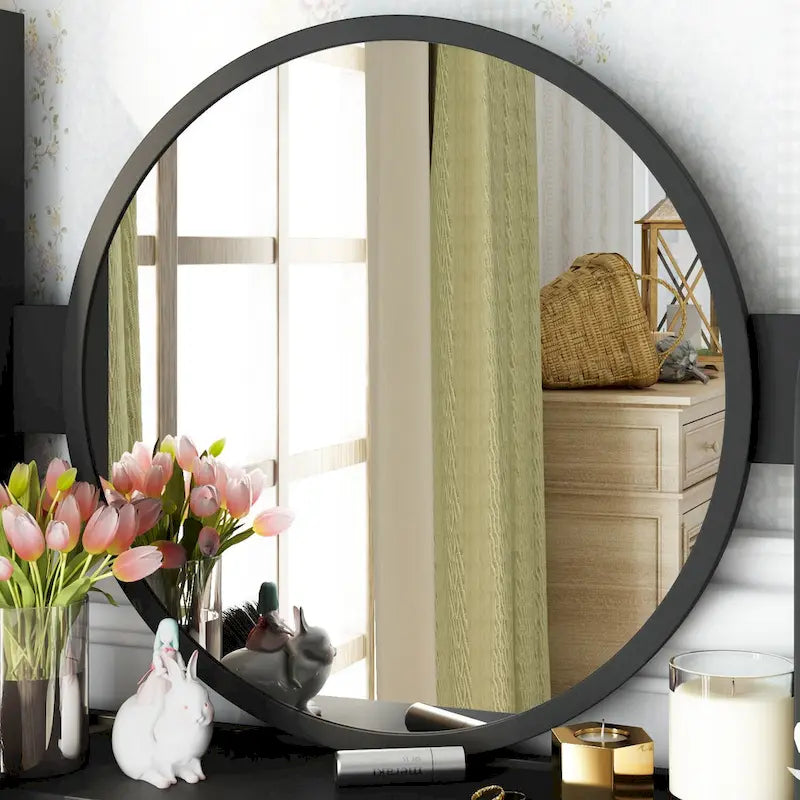 Coiffeuse Blanche/Noire avec Miroir Rond, Tiroirs et Étagères – 1 Personne