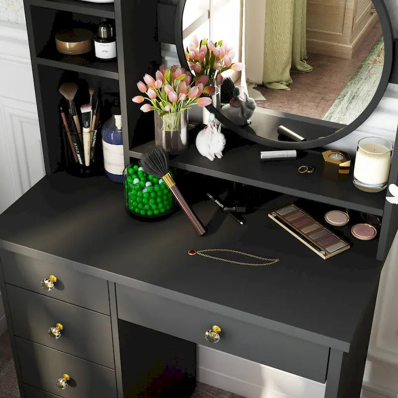 Coiffeuse Blanche/Noire avec Miroir Rond, Tiroirs et Étagères – 1 Personne