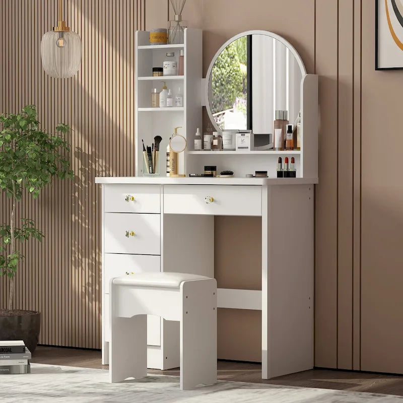Coiffeuse Blanche/Noire avec Miroir Rond, Tiroirs et Étagères – 1 Personne