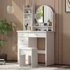 Coiffeuse Blanche/Noire avec Miroir Rond, Tiroirs et Étagères – 1 Personne