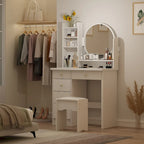 Coiffeuse Blanche/Noire avec Miroir Rond, Tiroirs et Étagères – 1 Personne