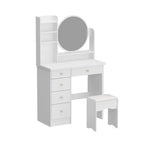 Coiffeuse Blanche/Noire avec Miroir Rond, Tiroirs et Étagères – 1 Personne