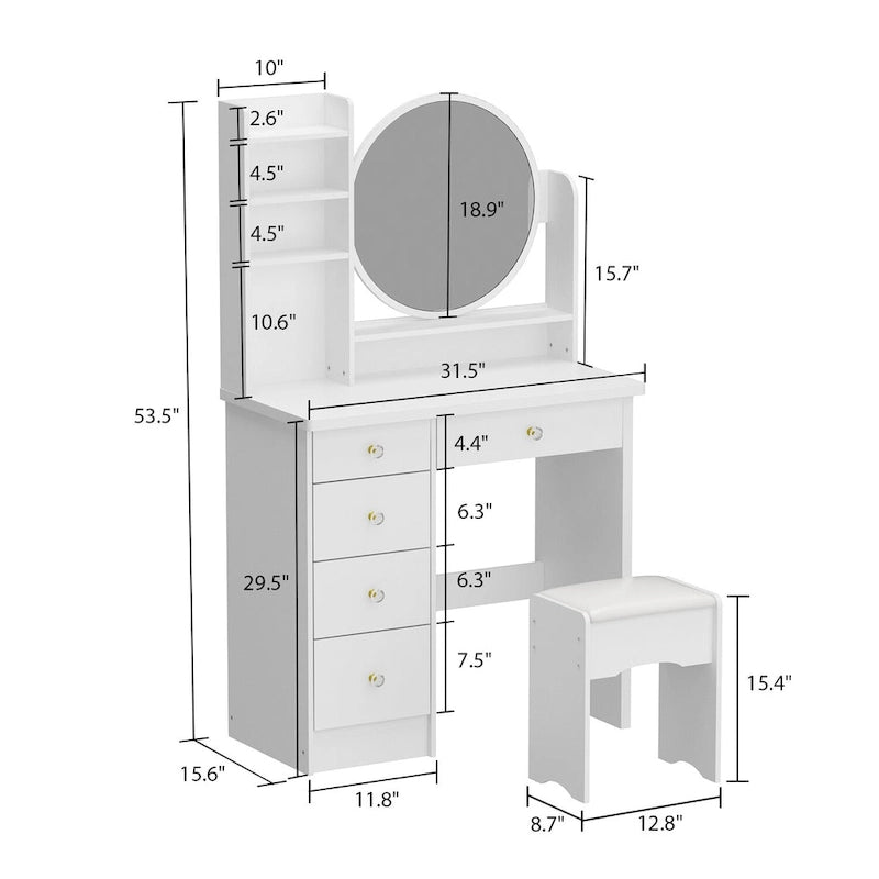 Coiffeuse Blanche/Noire avec Miroir Rond, Tiroirs et Étagères – 1 Personne