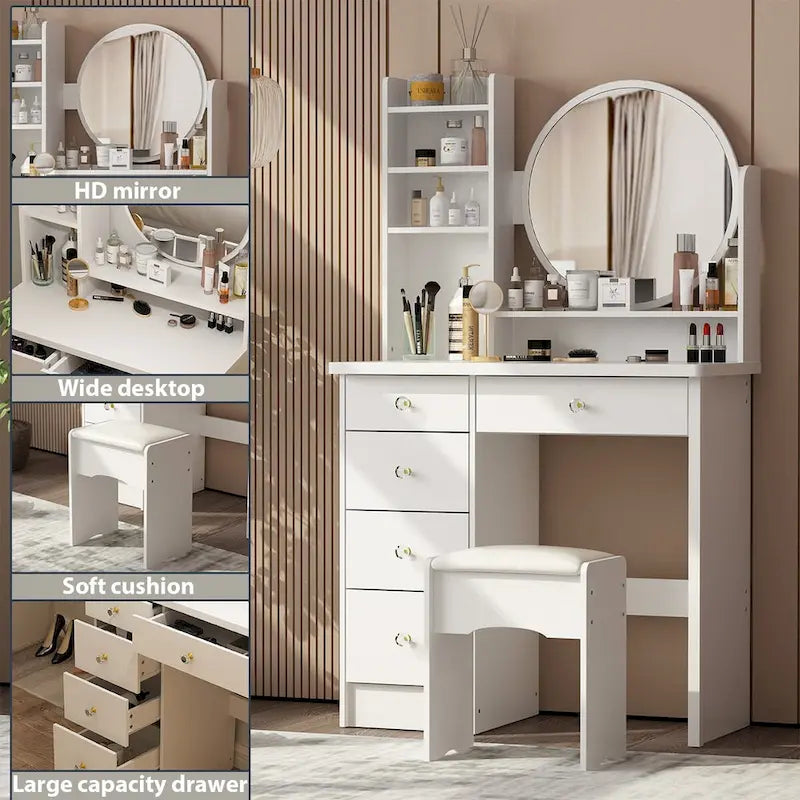 Coiffeuse Blanche/Noire avec Miroir Rond, Tiroirs et Étagères – 1 Personne