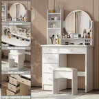 Coiffeuse Blanche/Noire avec Miroir Rond, Tiroirs et Étagères – 1 Personne