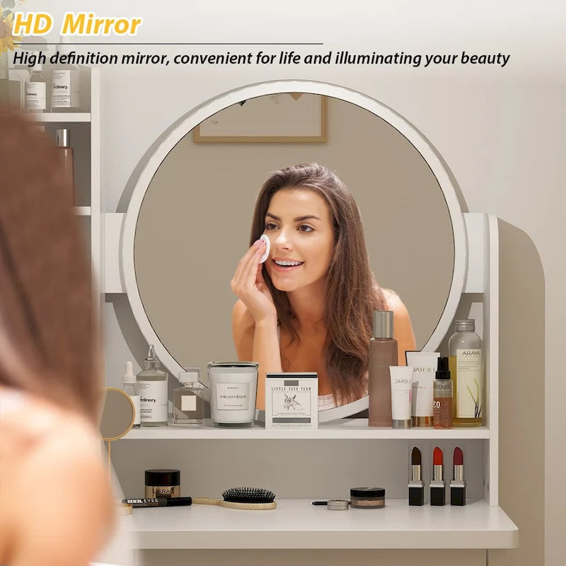 Coiffeuse Blanche/Noire avec Miroir Rond, Tiroirs et Étagères – 1 Personne