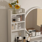 Coiffeuse Blanche/Noire avec Miroir Rond, Tiroirs et Étagères – 1 Personne