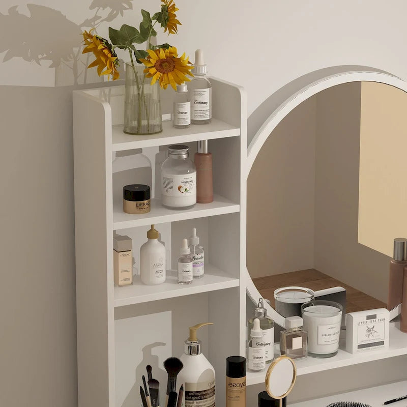 Coiffeuse Blanche/Noire avec Miroir Rond, Tiroirs et Étagères – 1 Personne