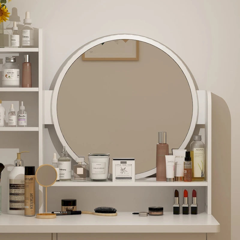 Coiffeuse Blanche/Noire avec Miroir Rond, Tiroirs et Étagères – 1 Personne