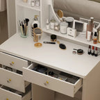 Coiffeuse Blanche/Noire avec Miroir Rond, Tiroirs et Étagères – 1 Personne