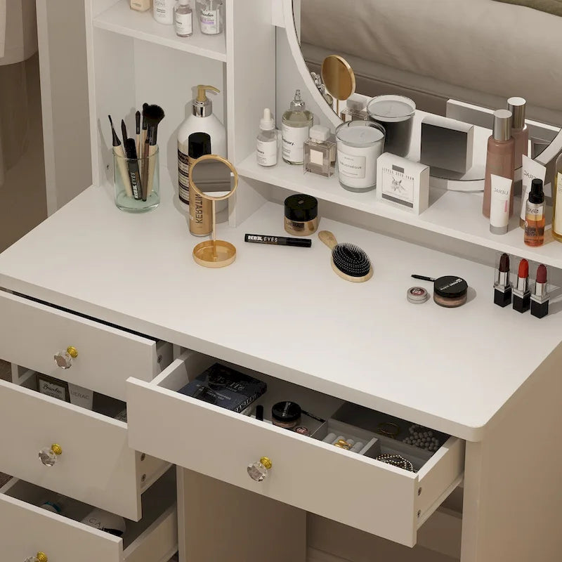 Coiffeuse Blanche/Noire avec Miroir Rond, Tiroirs et Étagères – 1 Personne