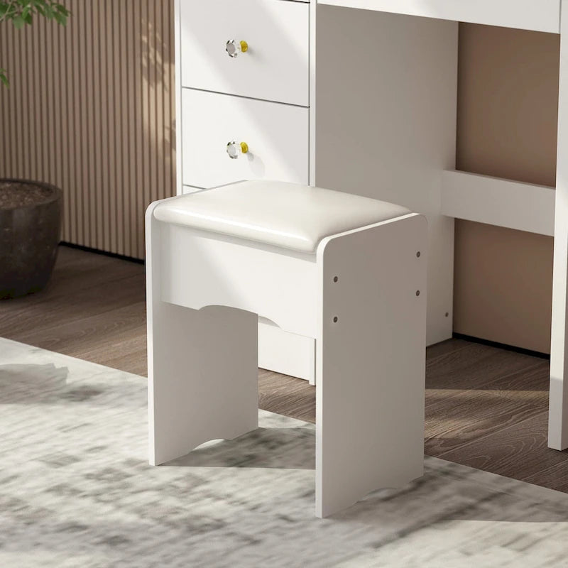 Coiffeuse Blanche/Noire avec Miroir Rond, Tiroirs et Étagères – 1 Personne