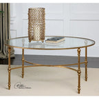 Table basse ovale en verre doré – Structure en fer, 2 à 4 places