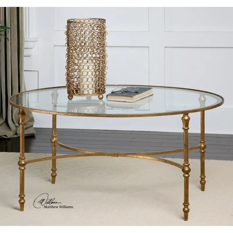 Table basse ovale en verre doré – Structure en fer, 2 à 4 places