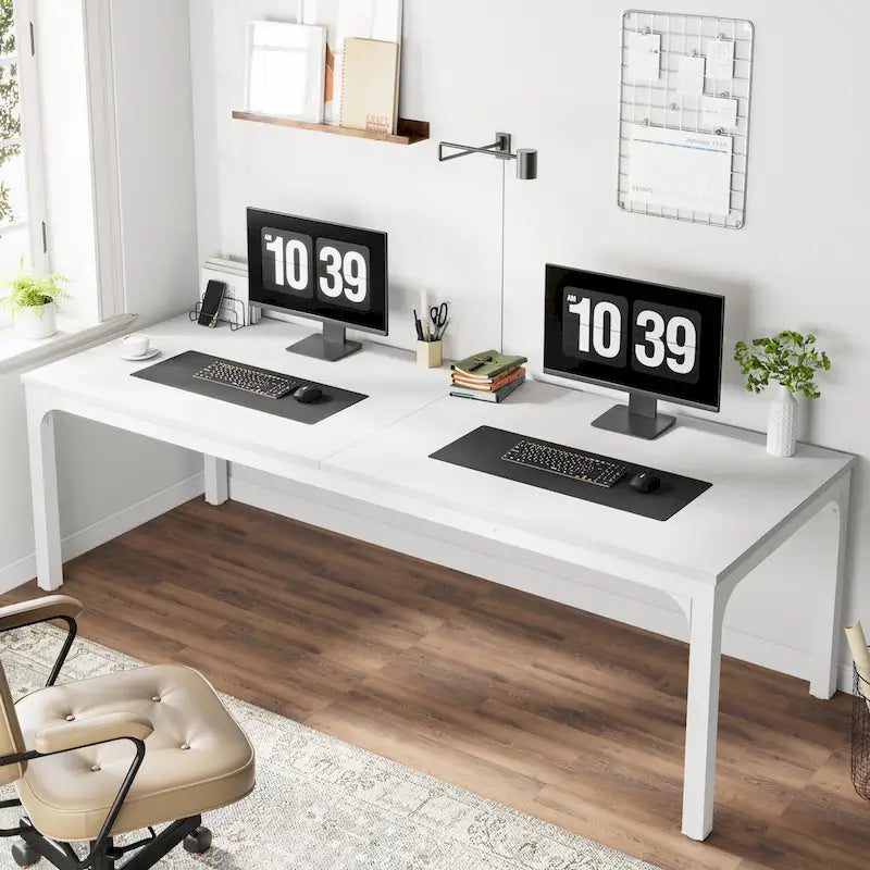 Bureau industriel pour 2 personnes, marron/blanc/noir, pieds en métal, double poste de travail