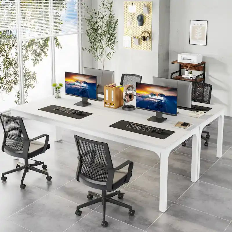 Bureau industriel pour 2 personnes, marron/blanc/noir, pieds en métal, double poste de travail