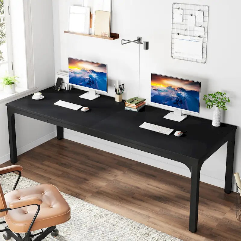 Bureau industriel pour 2 personnes, marron/blanc/noir, pieds en métal, double poste de travail