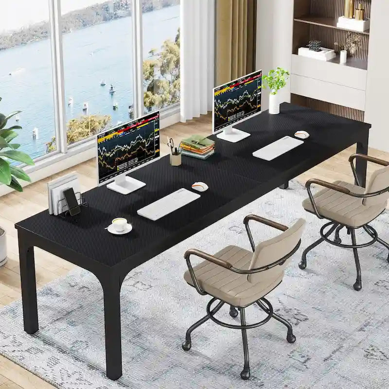 Bureau industriel pour 2 personnes, marron/blanc/noir, pieds en métal, double poste de travail