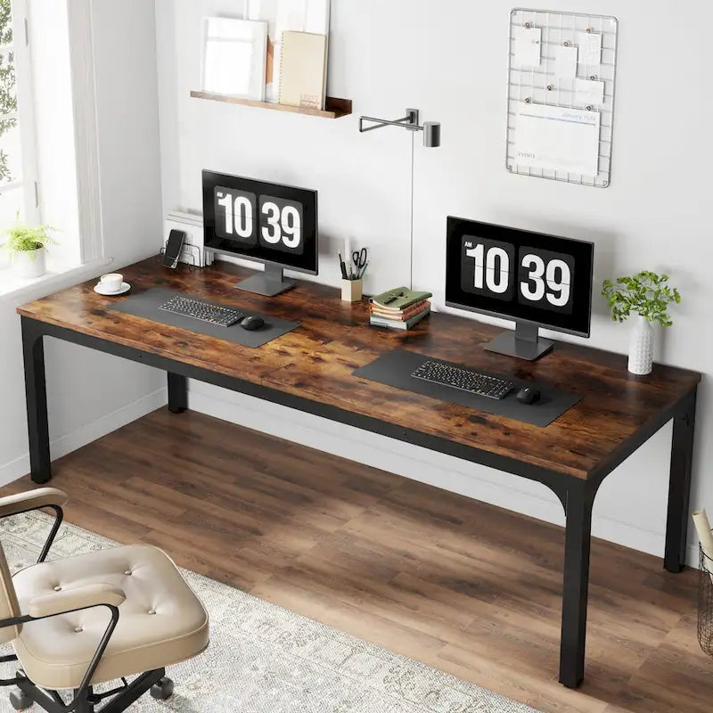 Bureau industriel pour 2 personnes, marron/blanc/noir, pieds en métal, double poste de travail