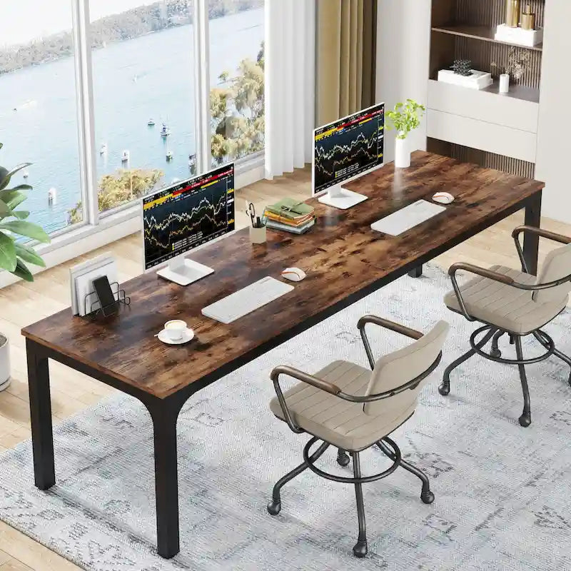 Bureau industriel pour 2 personnes, marron/blanc/noir, pieds en métal, double poste de travail