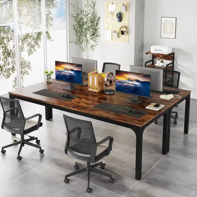 Bureau industriel pour 2 personnes, marron/blanc/noir, pieds en métal, double poste de travail