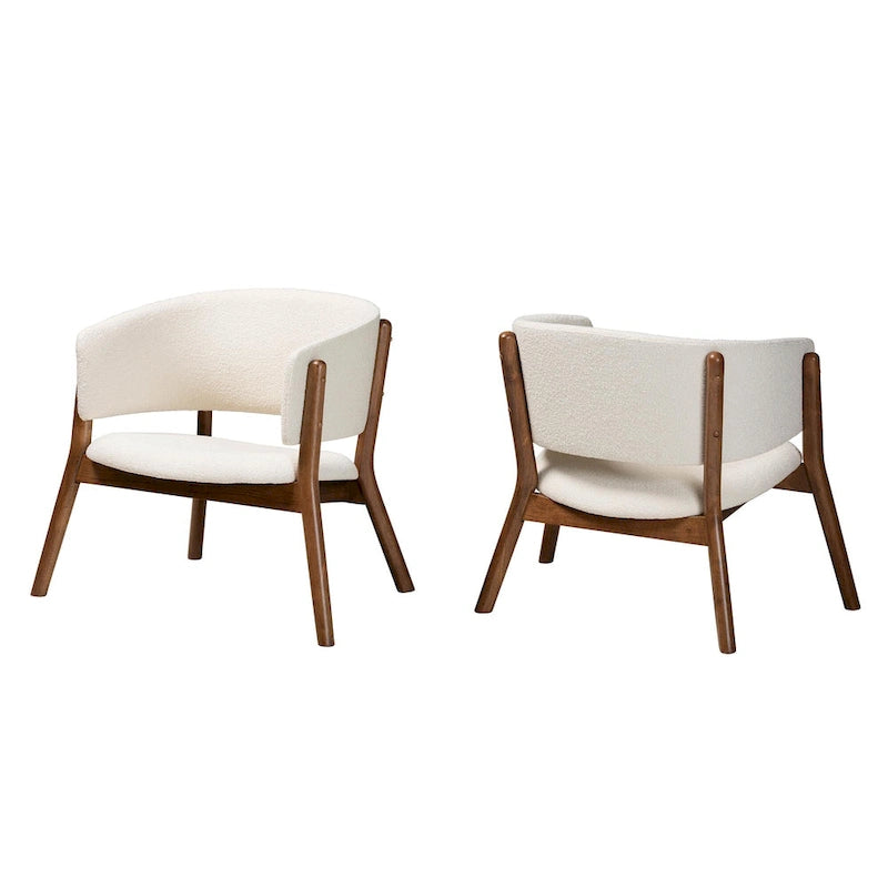 Fauteuil d'appoint bouclé crème et noyer, style Mid-Century, lot de 2